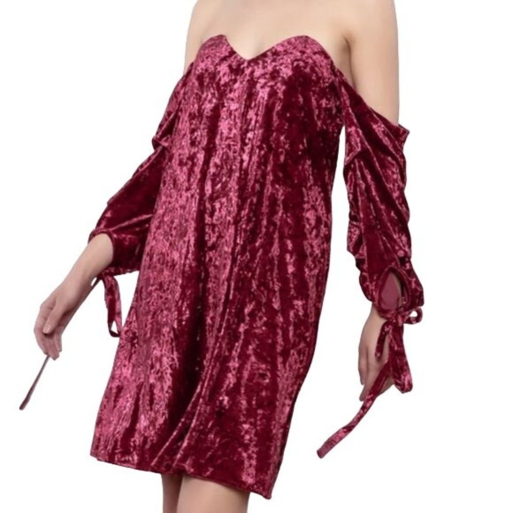 AO Wine Crushed Velvet Loose Off Shoulder Dress Size Small NWT